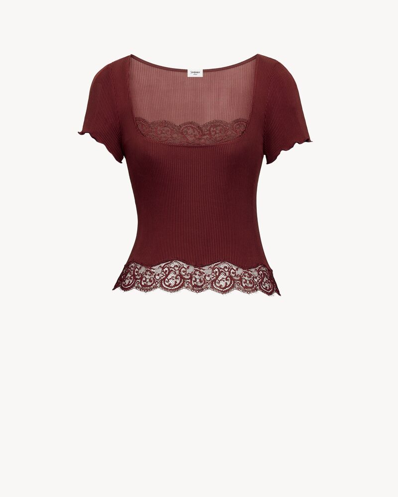 T-shirt en dentelle et jersey de soie côtelé