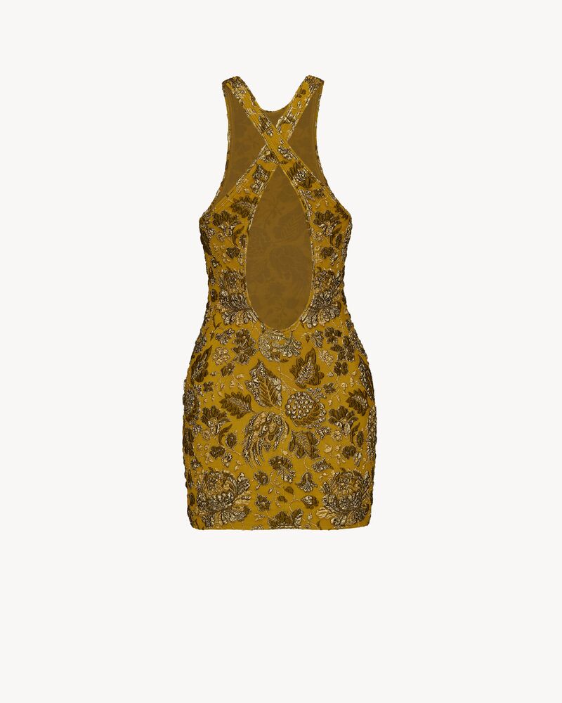 cross-back mini dress in stretch brocade