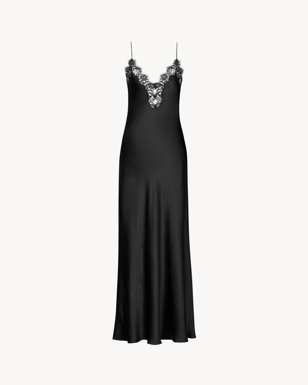Saint Laurent Slip Dress In Silk Satin And Lace - Black - Women - F34 Saint Laurent Slip Dress In Silk Satin And Lace - Black - Women - F34