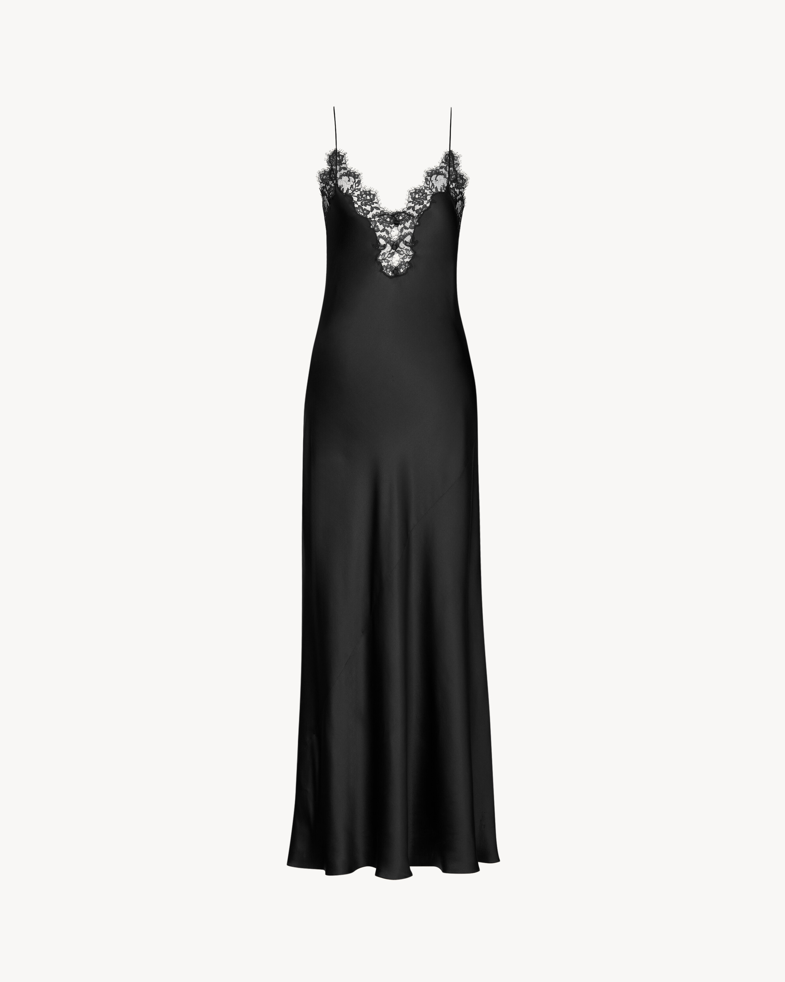 Saint Laurent Slip Dress In Silk Satin And Lace - Black - Women - F34 Saint Laurent Slip Dress In Silk Satin And Lace - Black - Women - F34