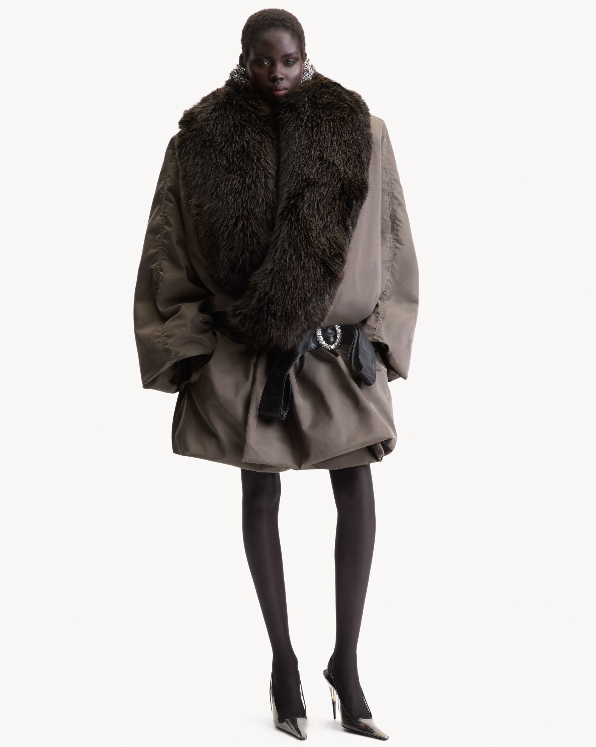 fur-collar coat in silk