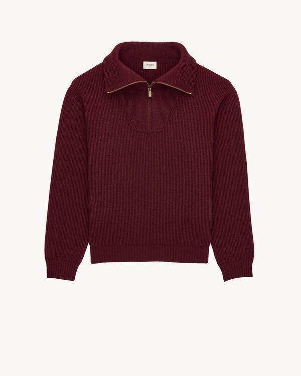 half-zip sweater in rib-knit wool in Bordeaux | Saint Laurent