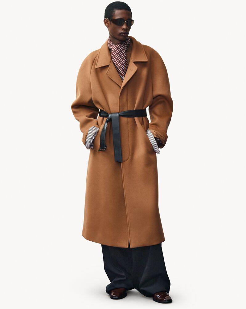 belted balmacaan in double-face wool