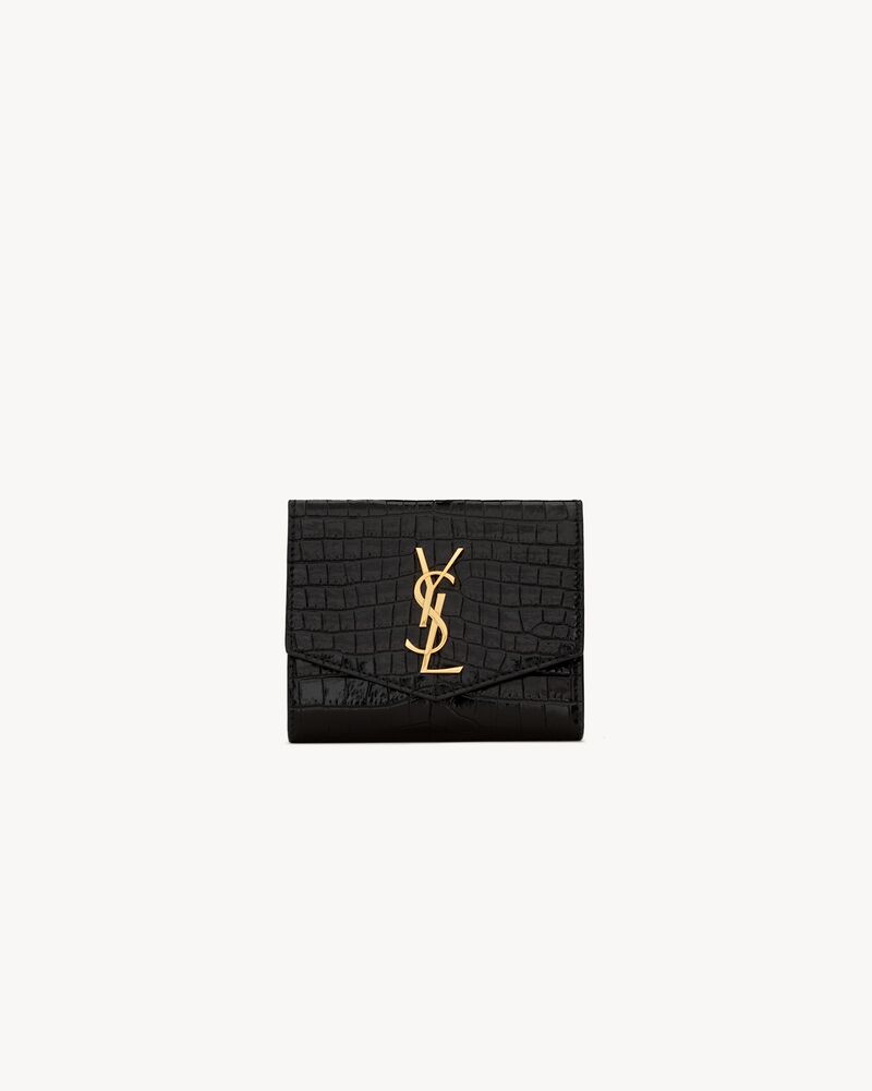 Cartera compacta Uptown de piel repujada de cocodrilo brillante