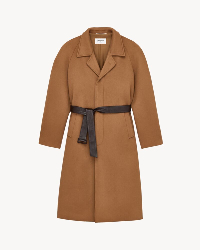 belted balmacaan in double-face wool
