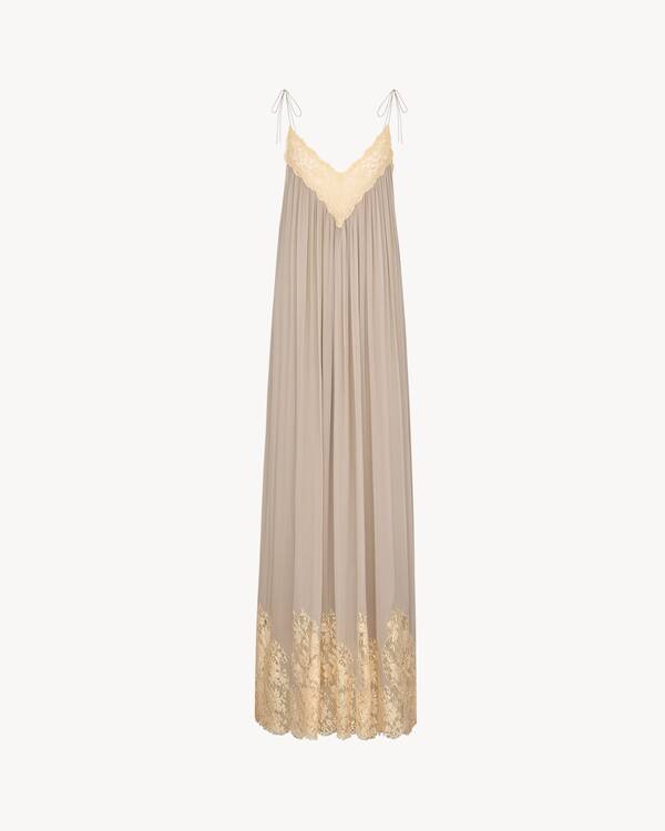 gathered dress in silk crepe muslin and lace in White | Saint Laurent | YSL EN-US gathered dress in silk crepe muslin and lace in White | Saint Laurent | YSL EN-US