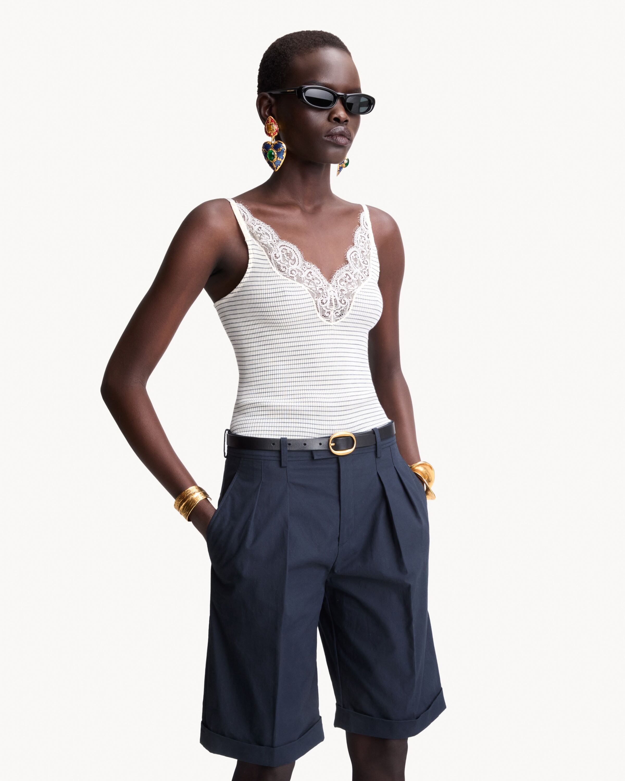 laced tank top in ribbed wool and silk
