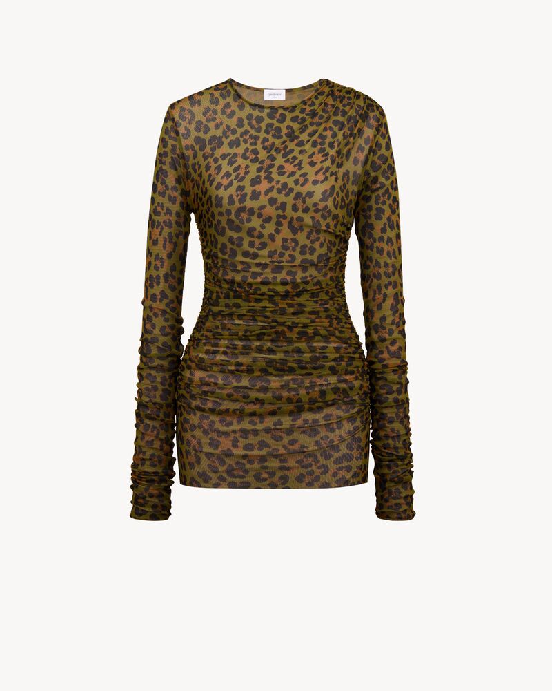 ruched mini dress in leopard tulle jersey