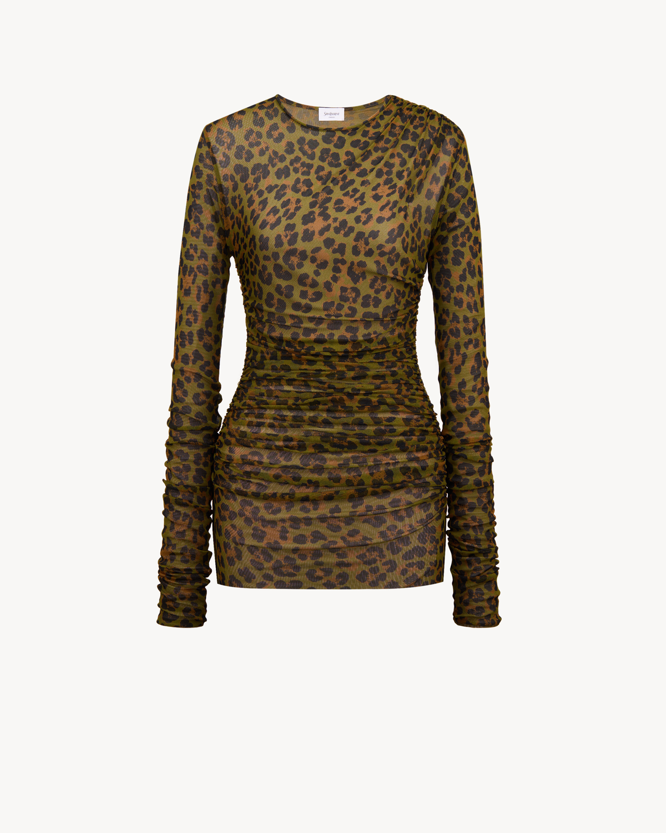 Minivestido fruncido de tul y punto con motivo de leopardo