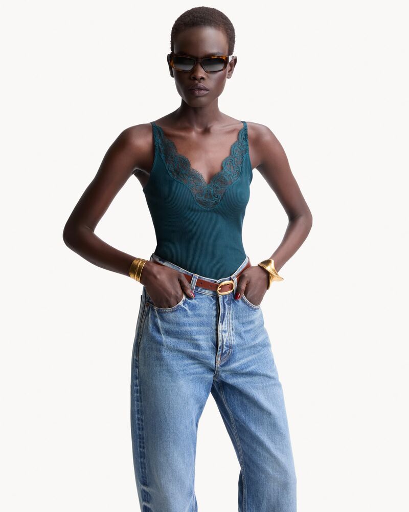 laced tank top in ribbed silk