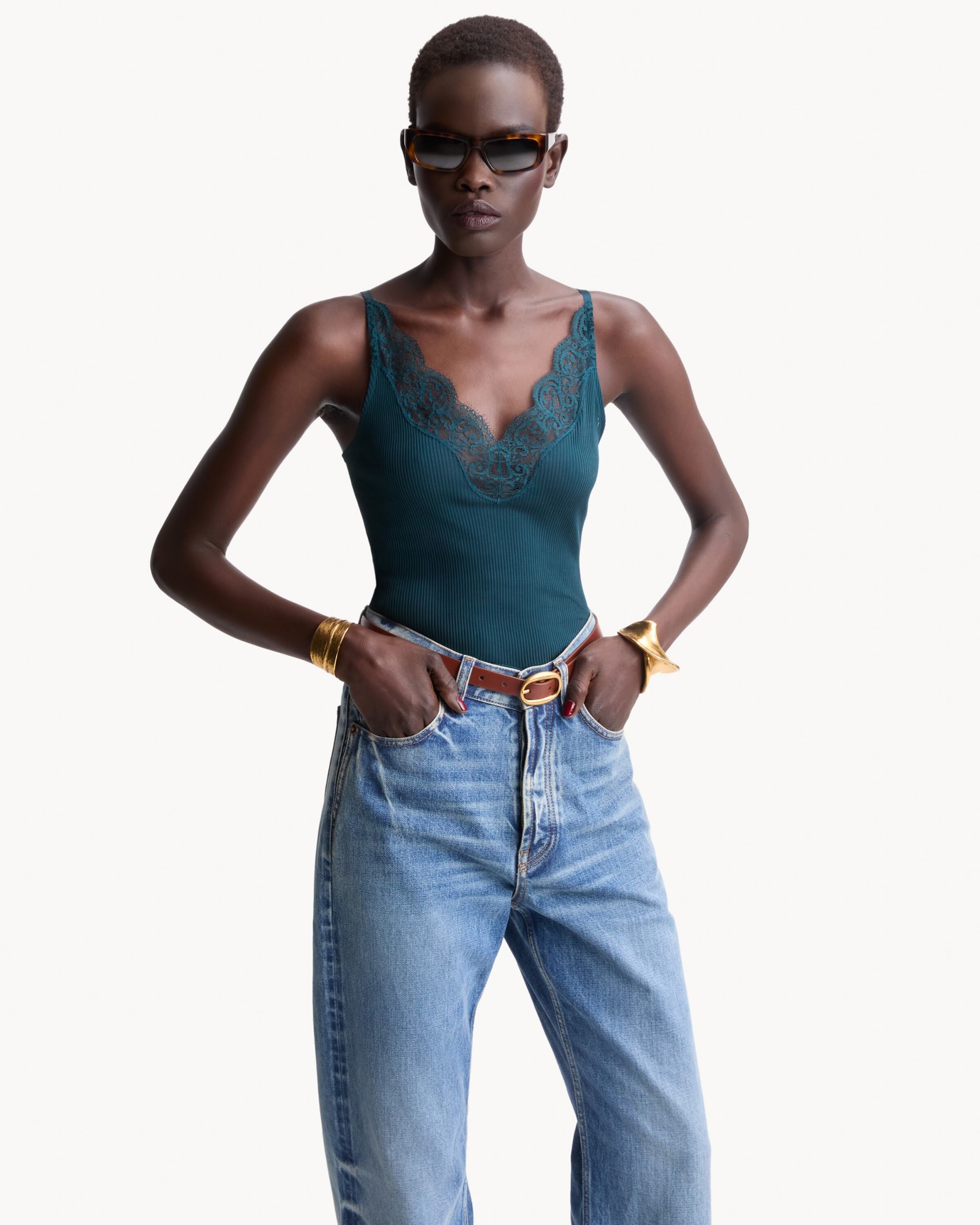 laced tank top in ribbed silk