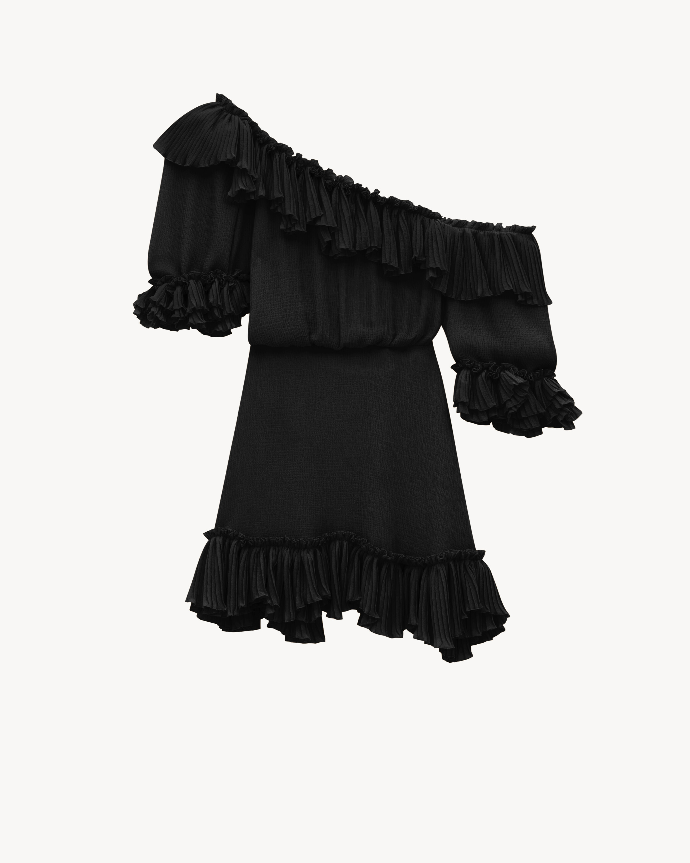 Saint Laurent Black Silk Crepon Muslin Ruffled Dress - Noir Saint Laurent Black Silk Crepon Muslin Ruffled Dress - Noir