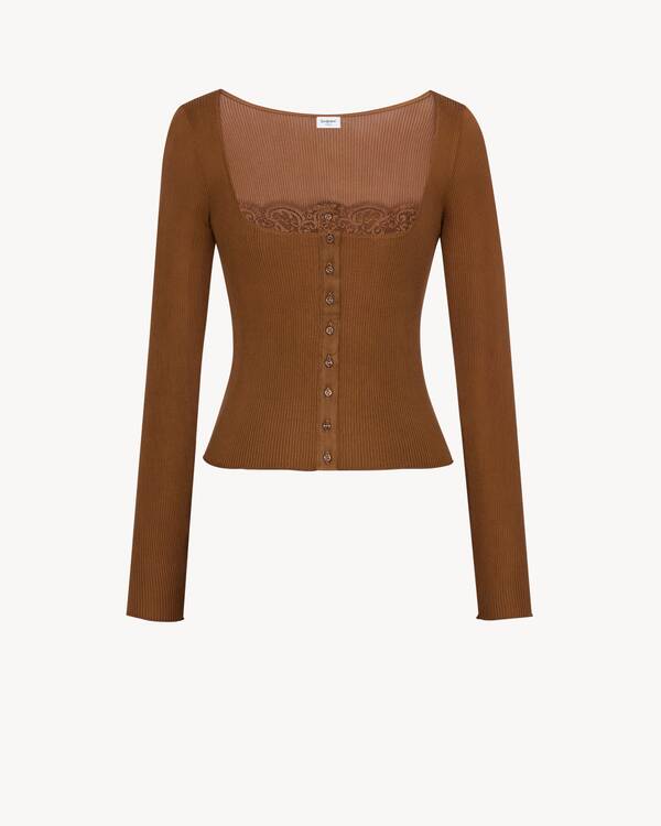 laced square-neck top in ribbed silk jersey in Brown | Saint