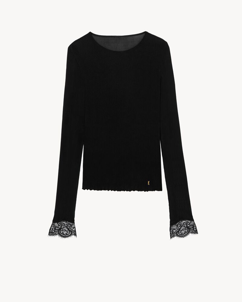 CASSANDRE lace-cuff top in ribbed silk jersey