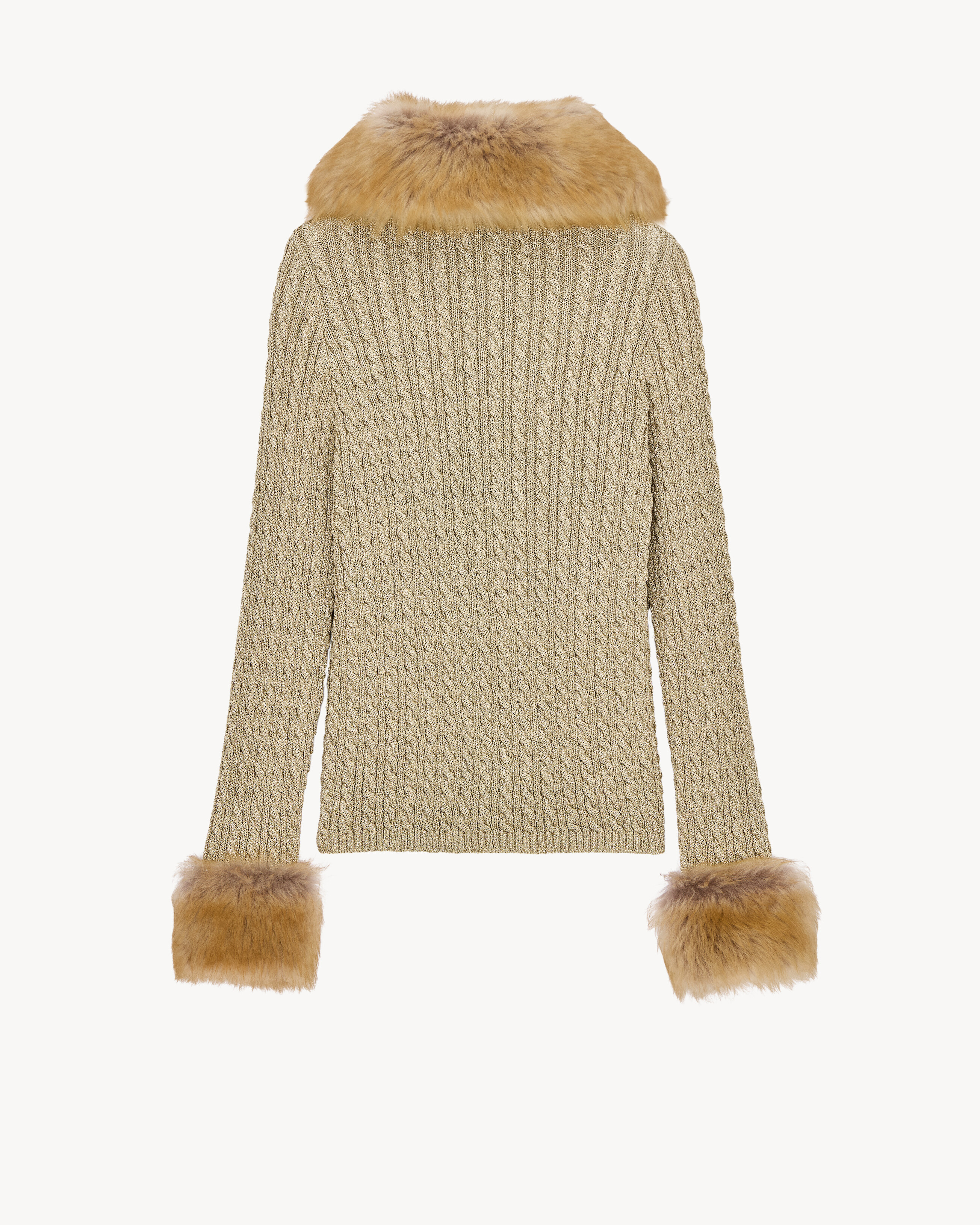 Cardigan mit Zopfmuster aus Lurex und Kunstpelz