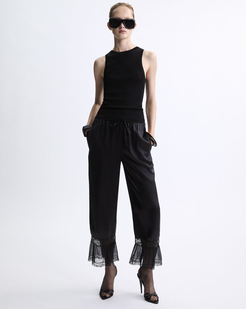 lace-cuff pants in silk satin
