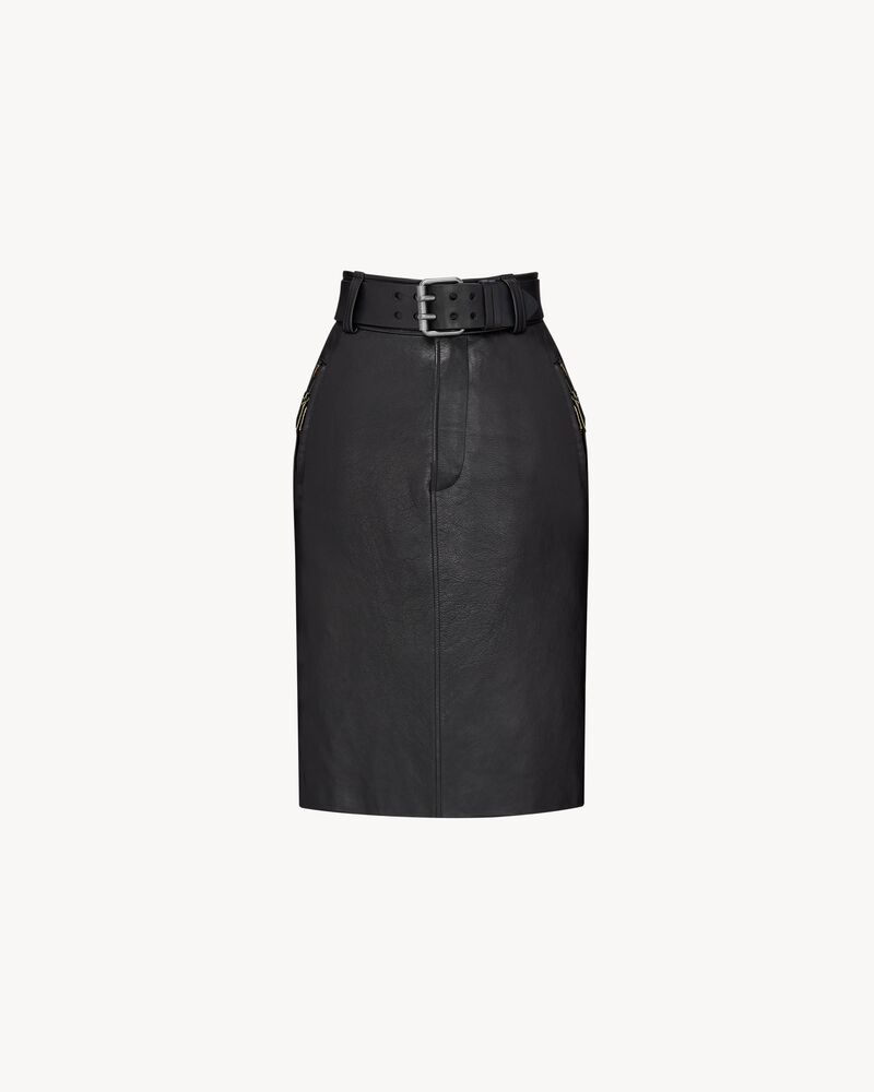 belted pencil skirt in grained leather