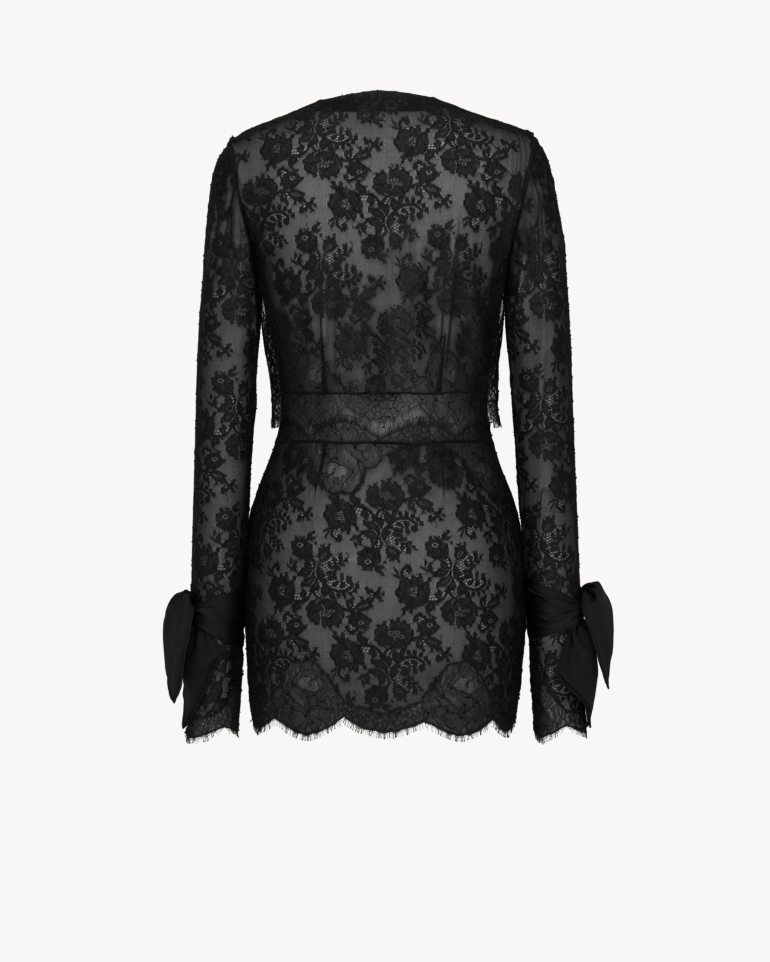 lavallire-cuff mini dress in silk lace in Black | Saint Laurent | YSL EN-TH lavallire-cuff mini dress in silk lace in Black | Saint Laurent | YSL EN-TH