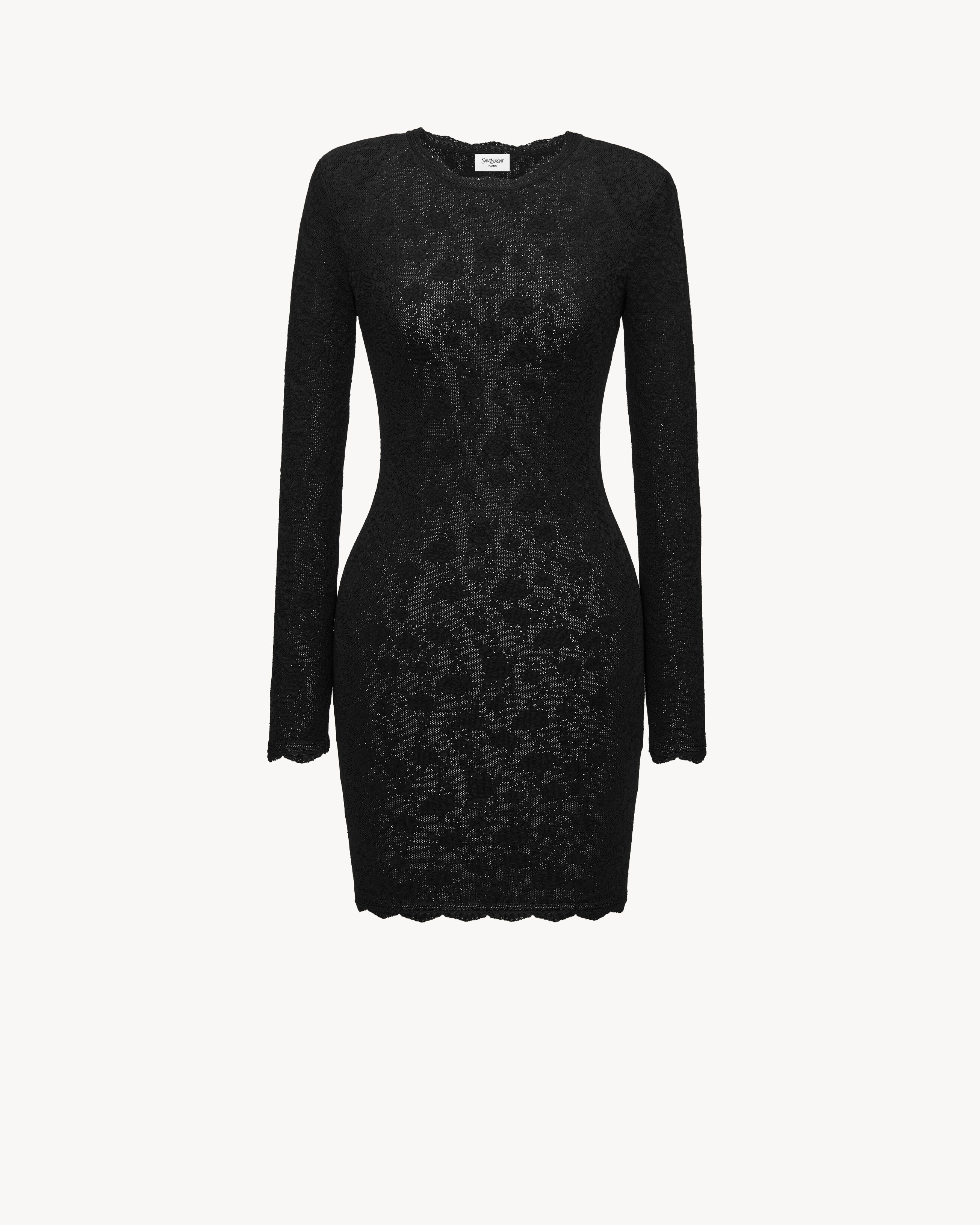 ysl black mini dress in floral mesh knit in | Saint Laurent | SE button front Long sleeves