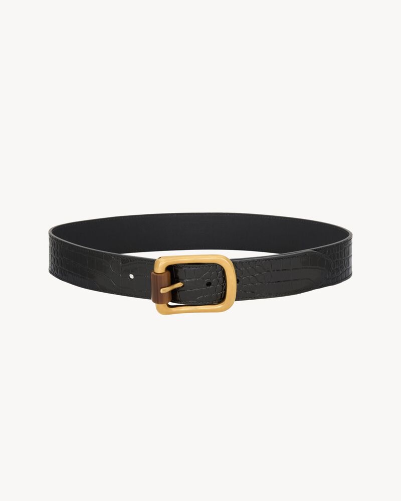 cylinder buckle belt in crocodile-embossed leather