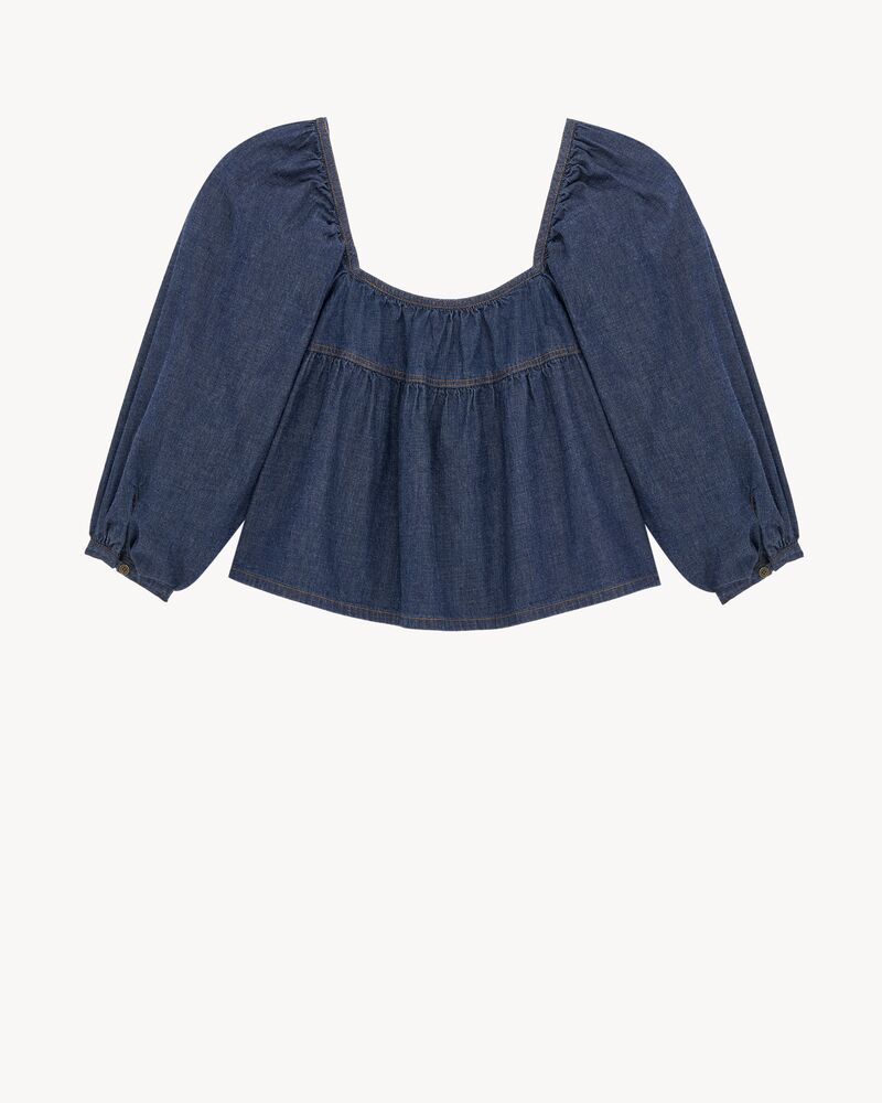 ruffled crop top in indigo denim