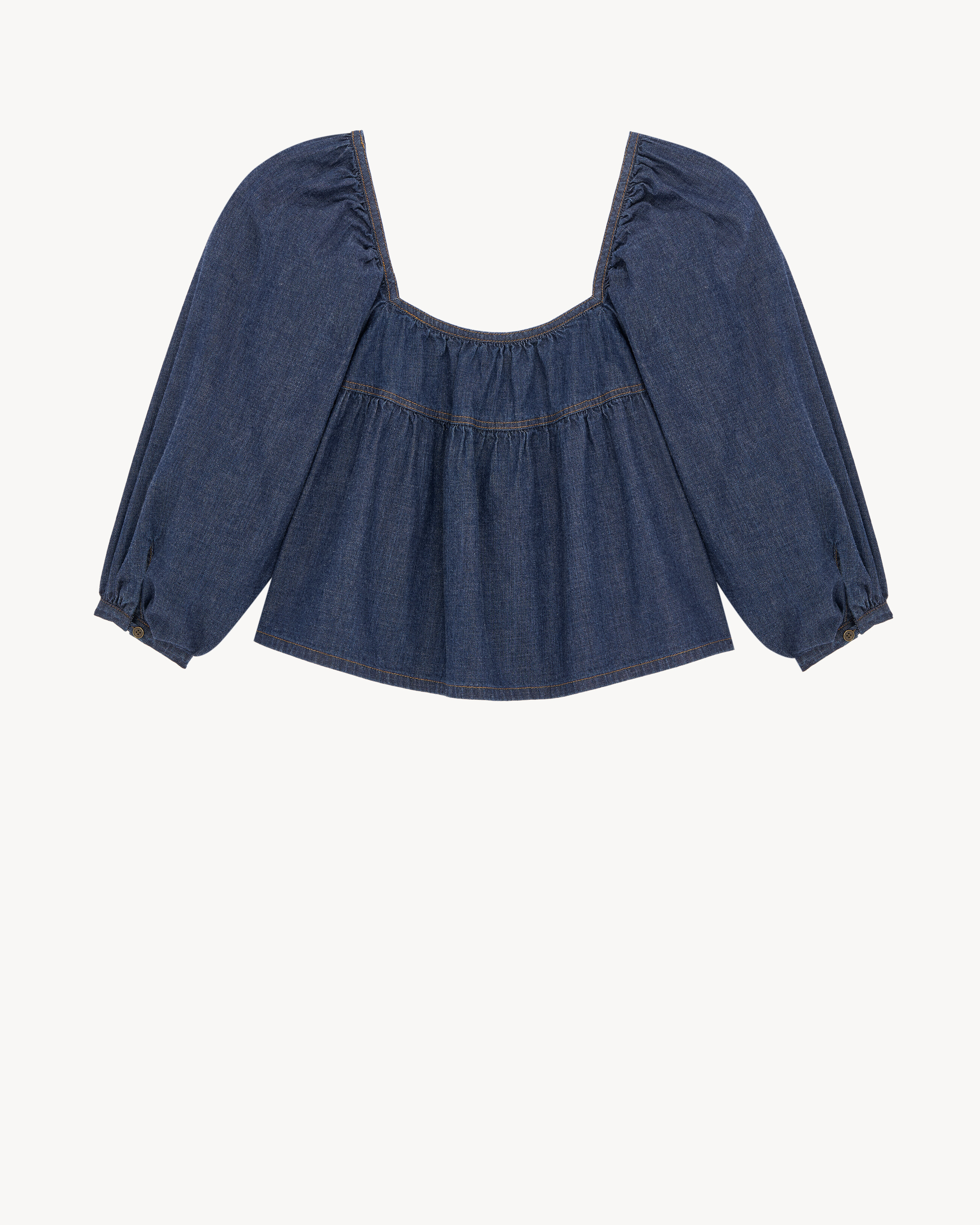 ruffled crop top in indigo denim