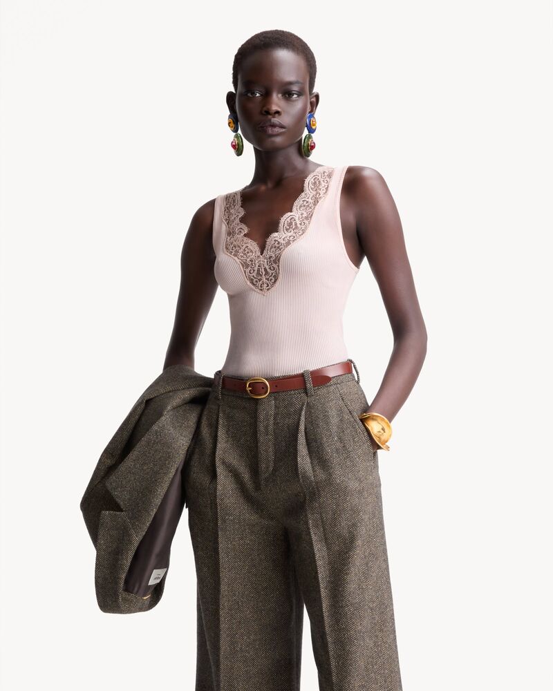 laced tank top in ribbed silk