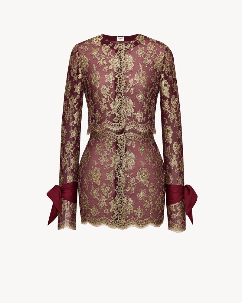 lavallière-cuff mini dress in metallic lace