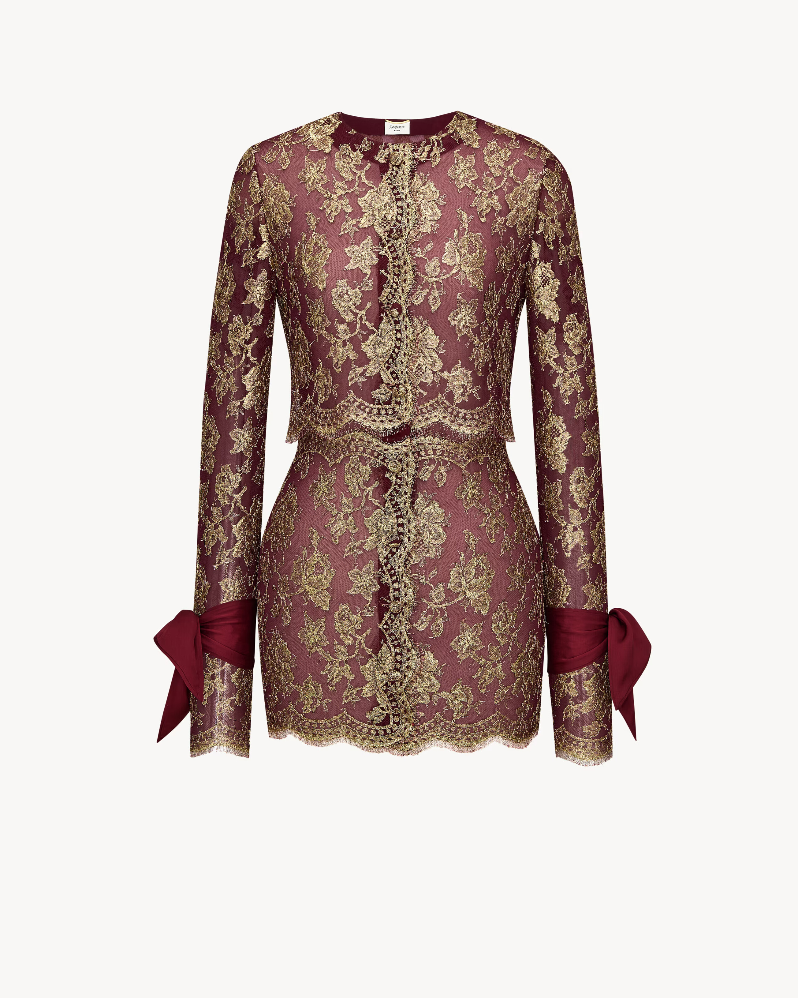 lavallière-cuff mini dress in metallic lace