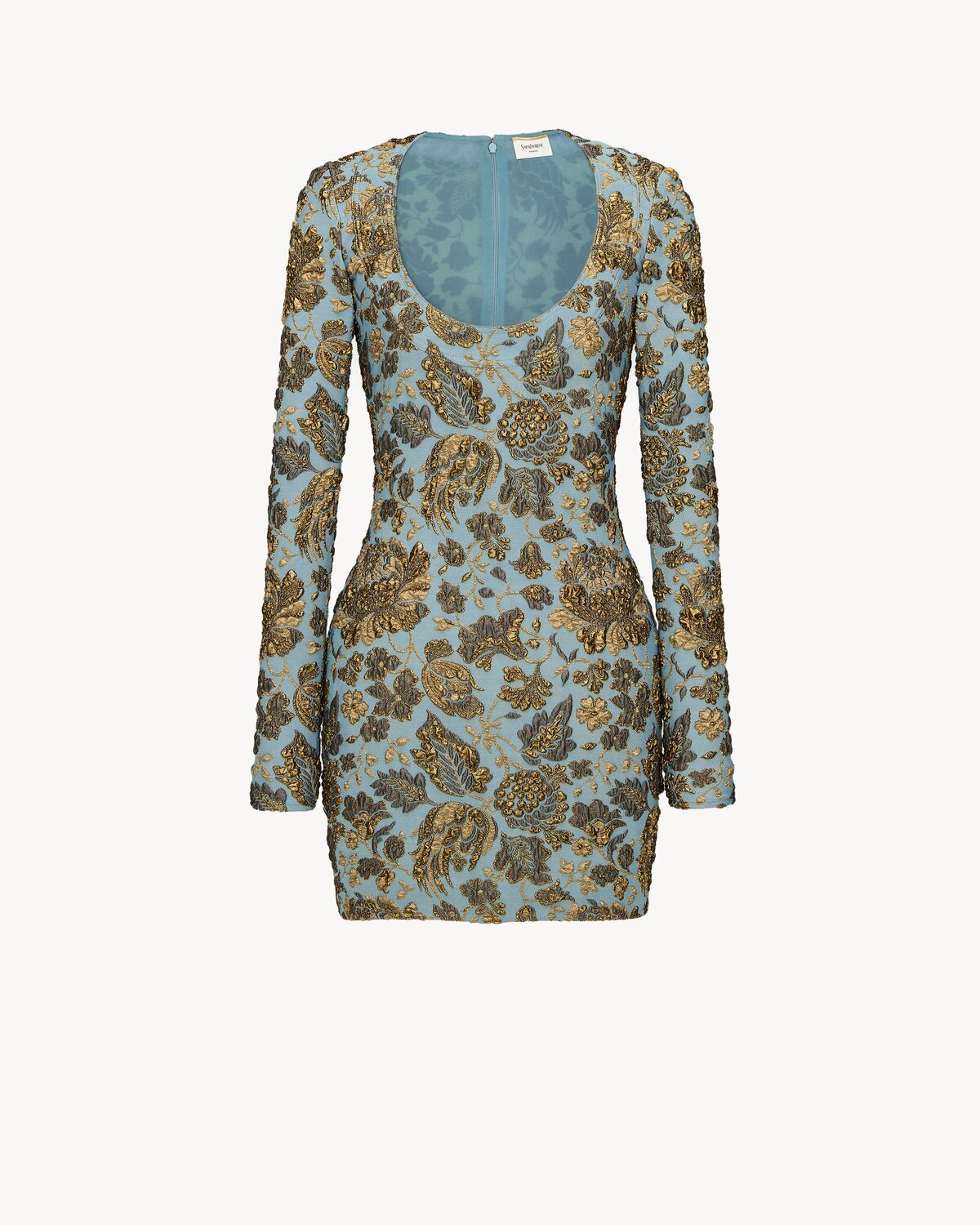 Saint Laurent - décolleté mini dress in stretch brocade