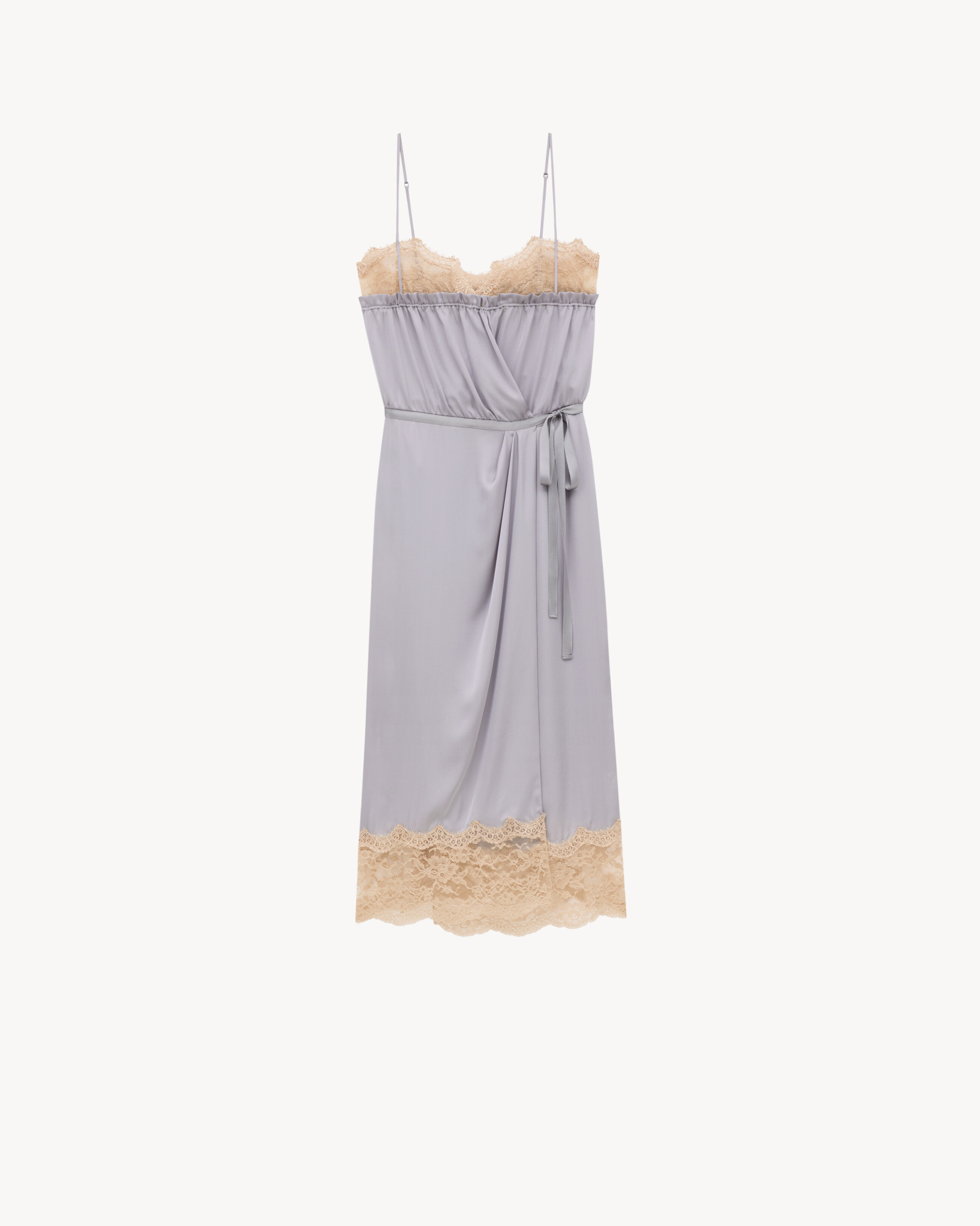 wrap slip dress in silk charmeuse and lace