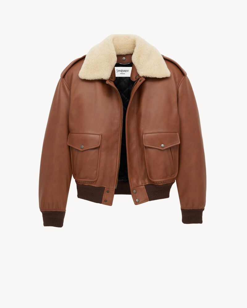 bomber jacket in grained leather and shearling