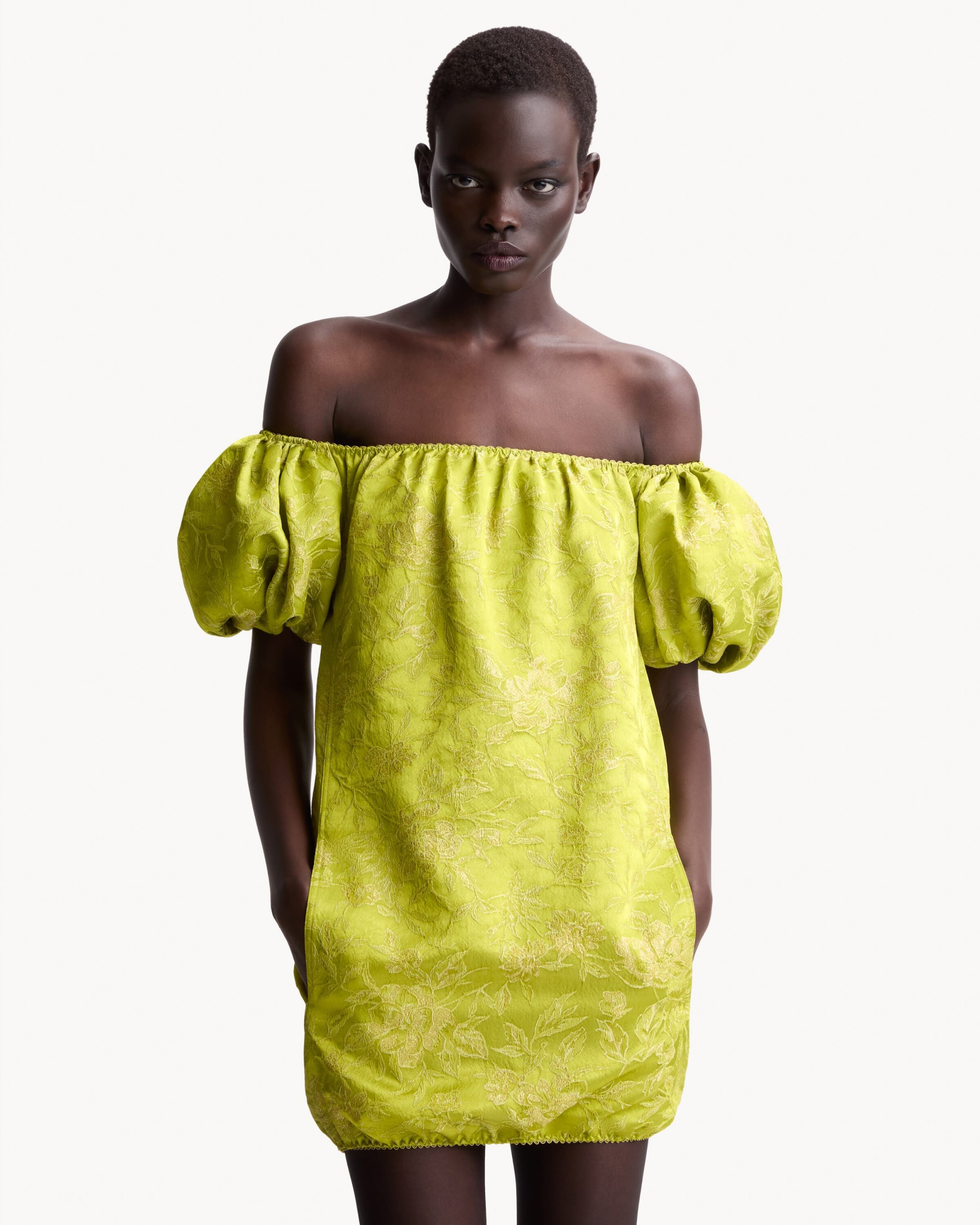 puff-sleeve mini dress in duchesse satin brocade