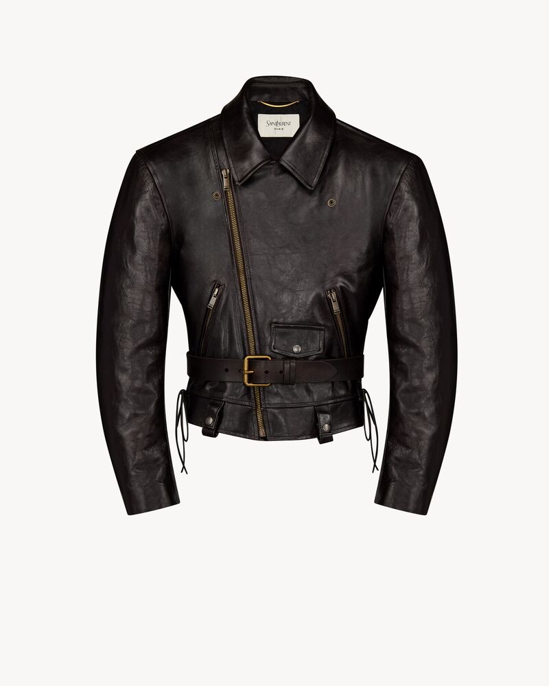 lace-up biker jacket in grained leather