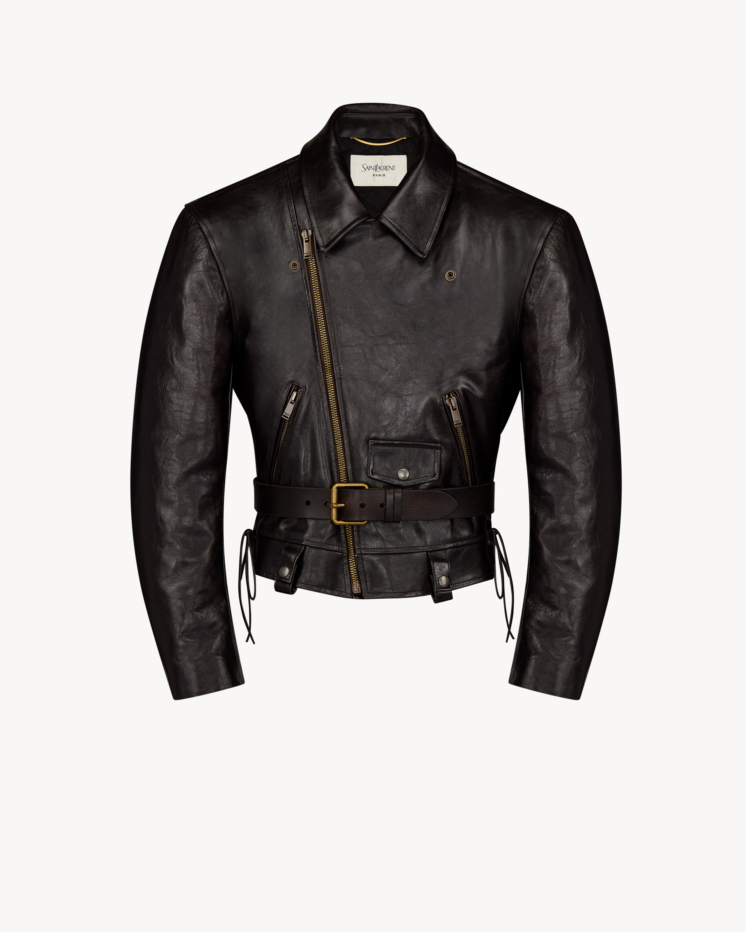 lace-up biker jacket in grained leather