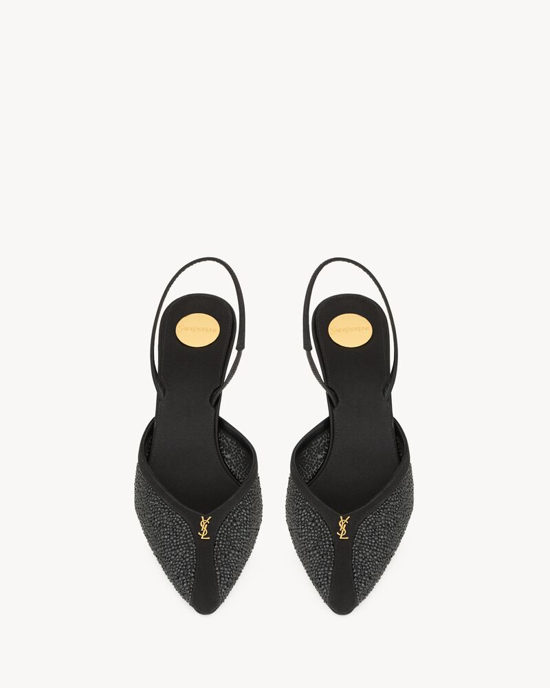 FOLIE slingback pumps in satin, mesh, and crystals