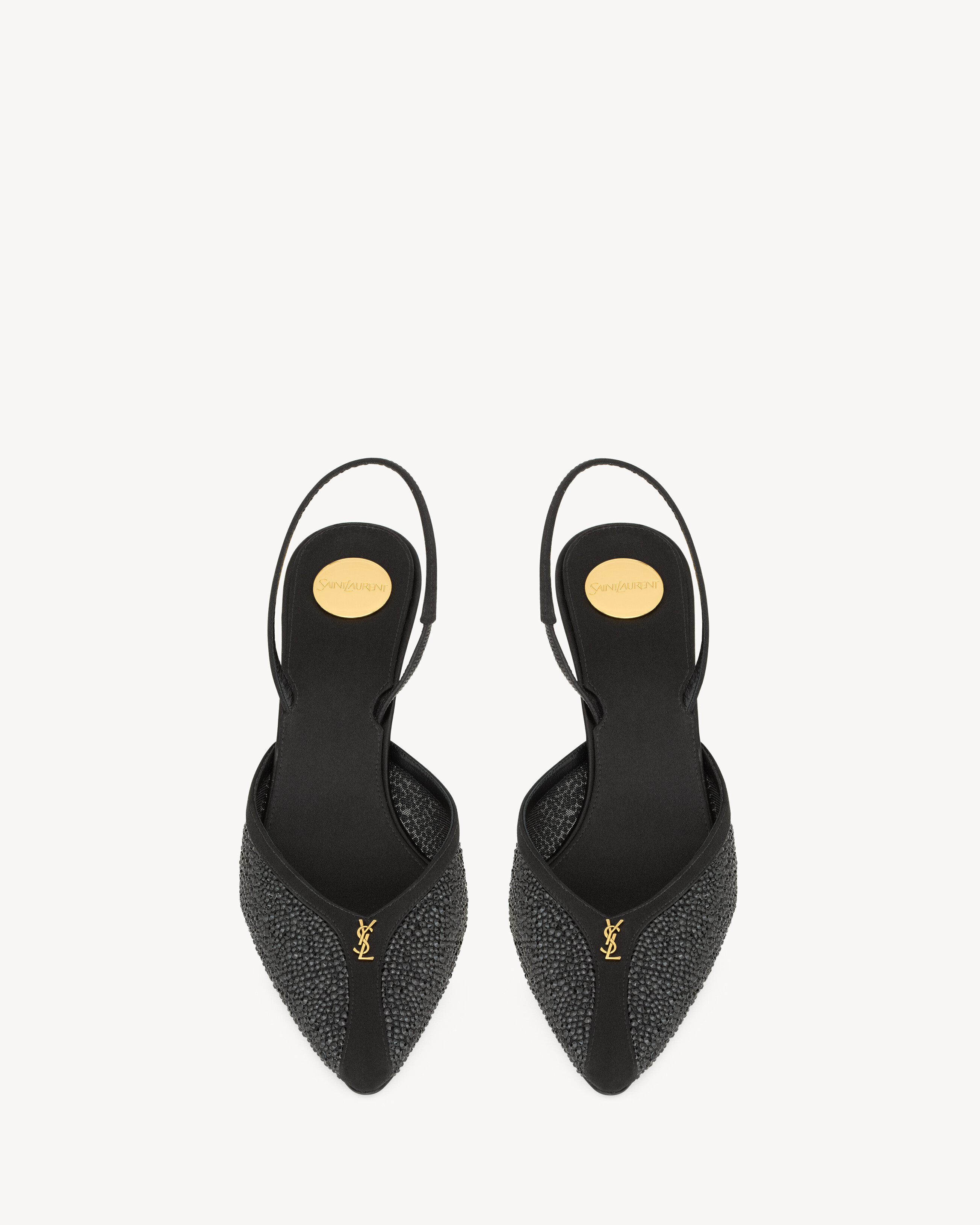 FOLIE slingback pumps in satin, mesh, and crystals