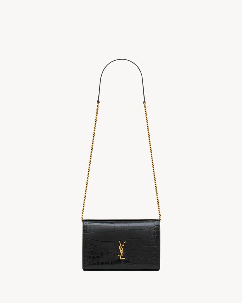 CASSANDRE envelope chain wallet in crocodile-embossed patent leather