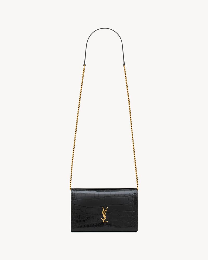 CASSANDRE envelope chain wallet in crocodile-embossed patent leather