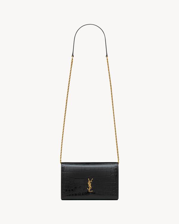 CASSANDRE envelope chain wallet in crocodile-embossed patent leather