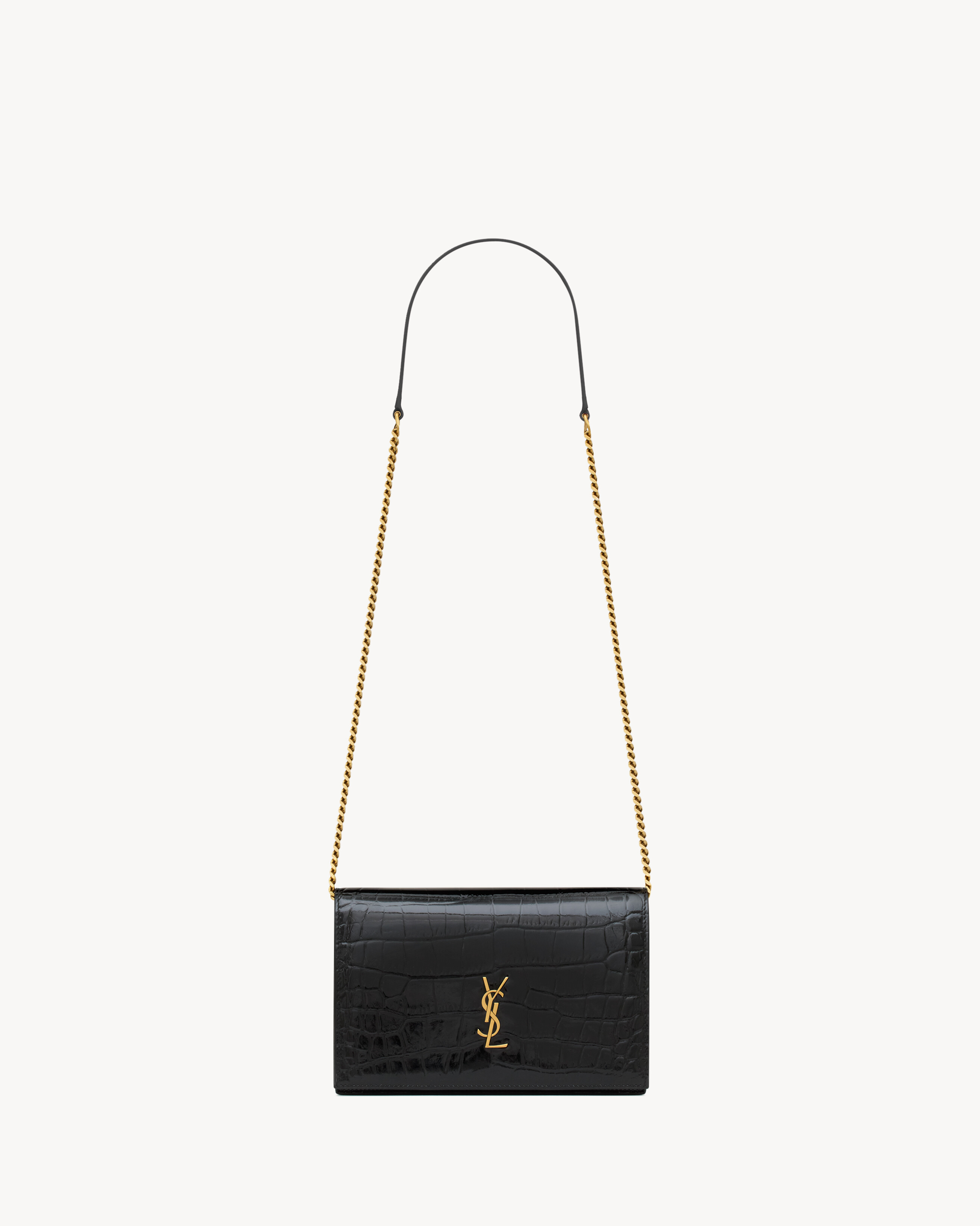 CASSANDRE envelope chain wallet in crocodile-embossed patent leather