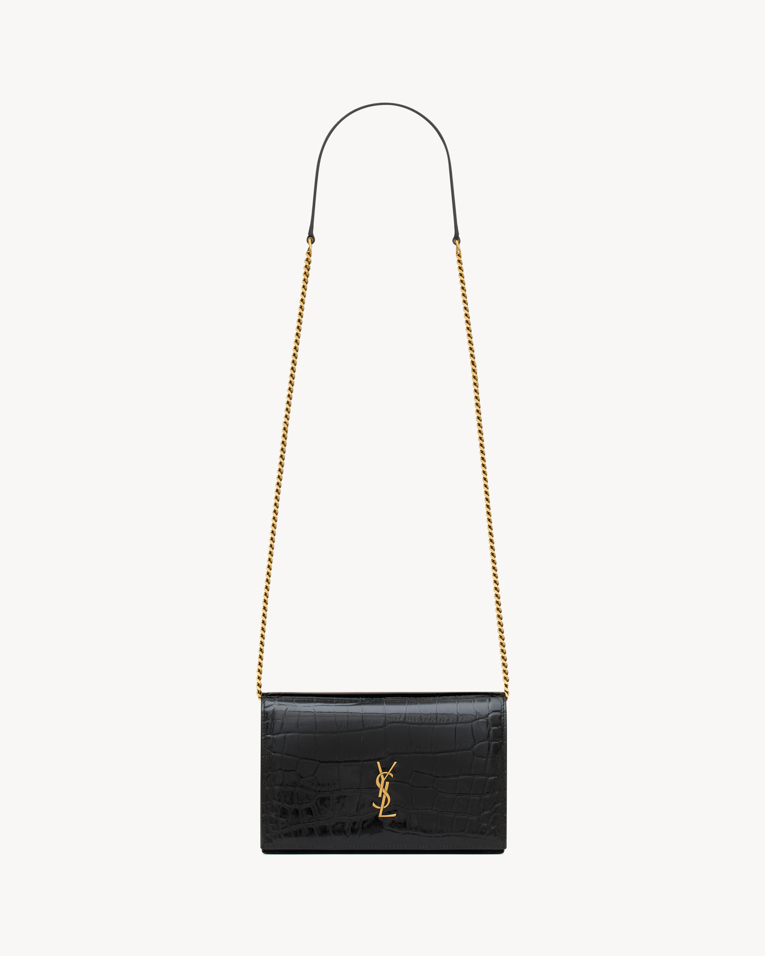CASSANDRE envelope chain wallet in crocodile-embossed patent leather