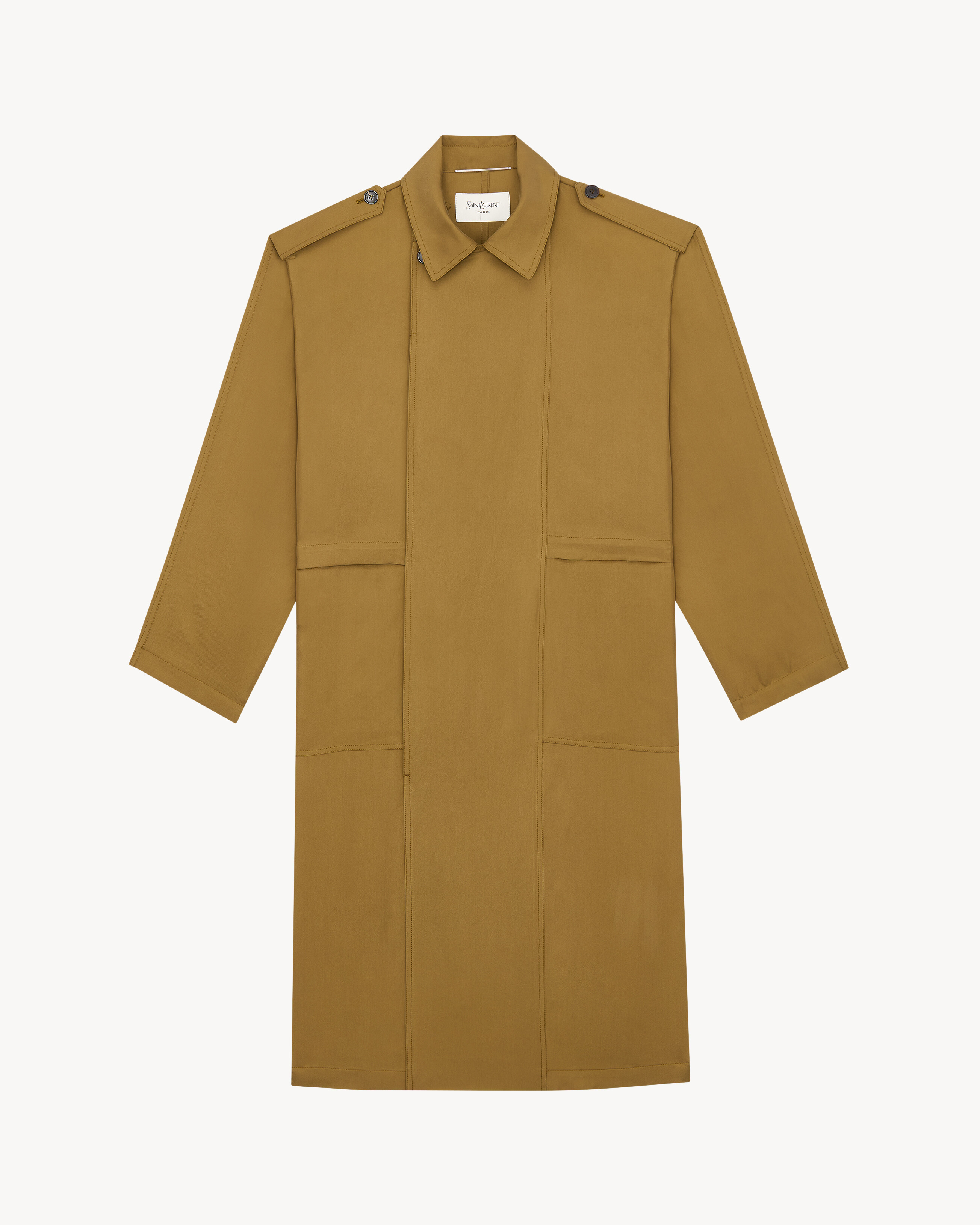broad-shoulder trench coat in silk serge