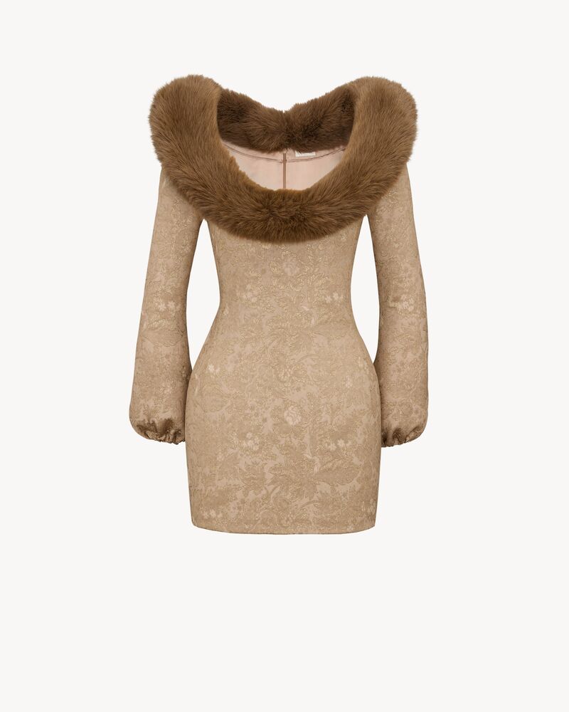 animal-free fur collar mini dress in brocade