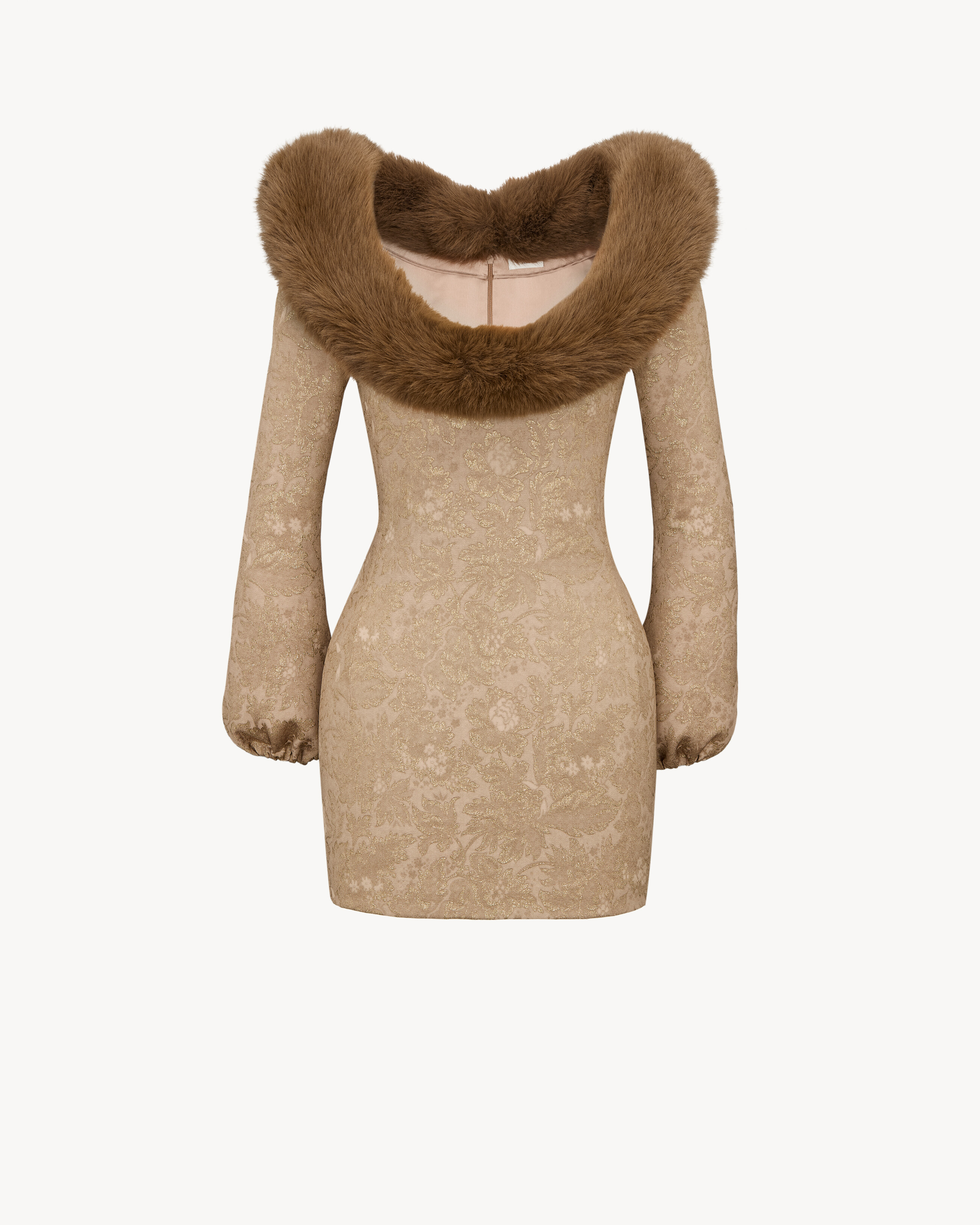animal-free fur collar mini dress in brocade