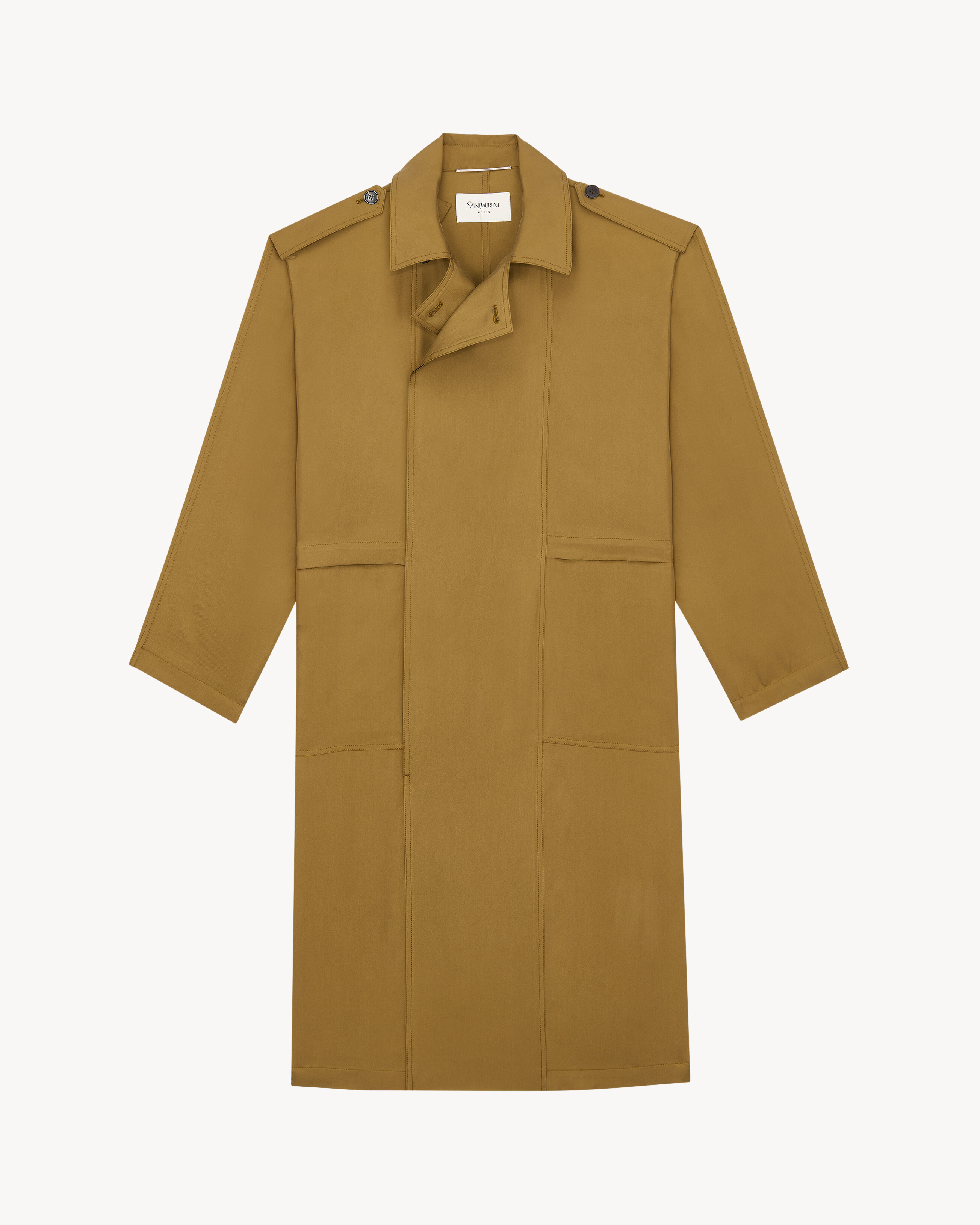broad-shoulder trench coat in silk serge