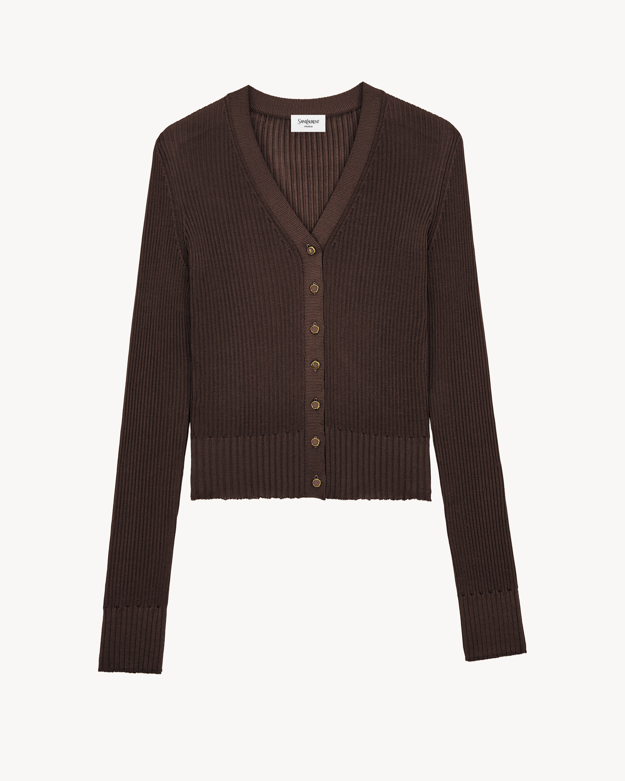 cardigan in ribbed knit in Brown | Saint Laurent | YSL US