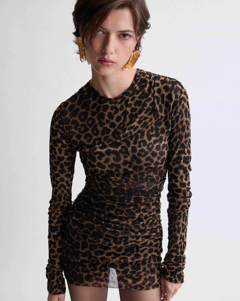 ruched mini dress in leopard tulle jersey