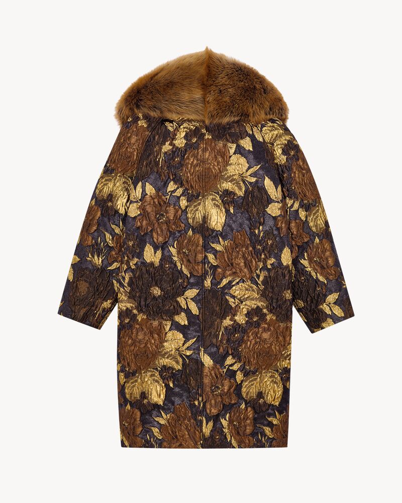cocoon coat in brocade and shearling