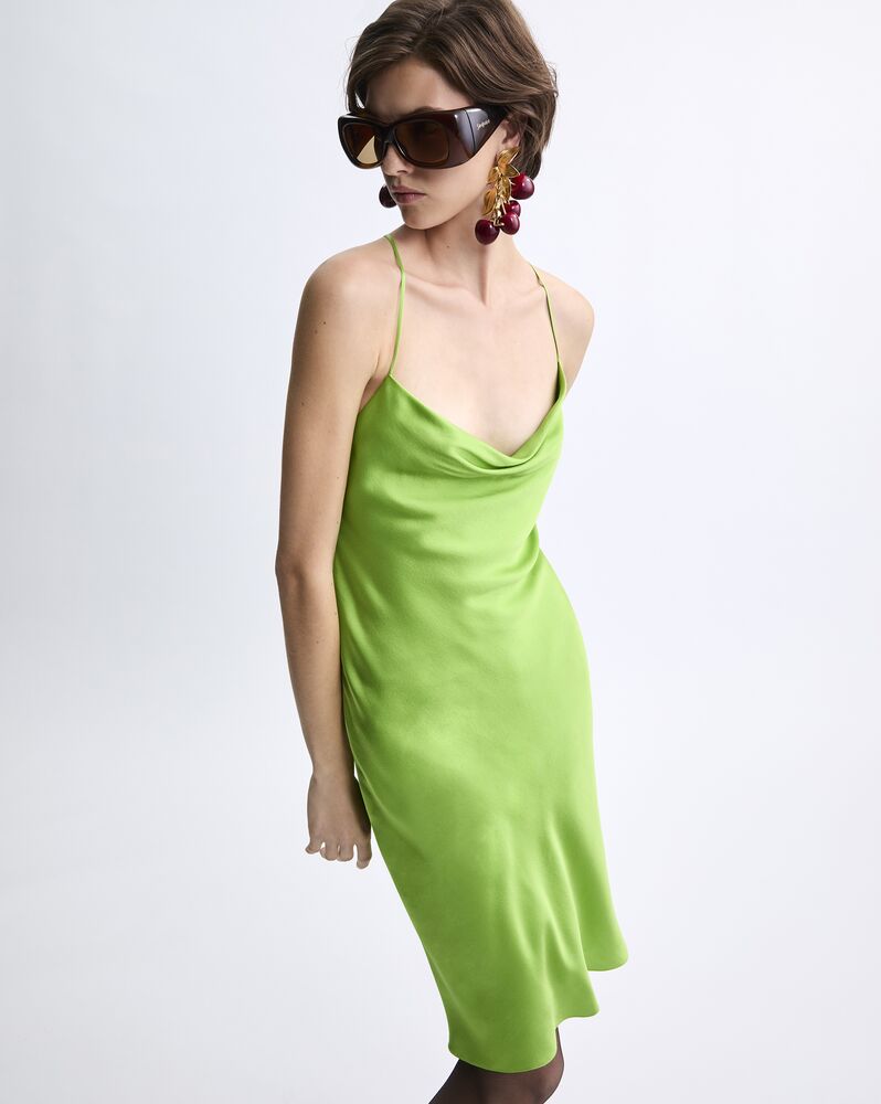 backless cowl dress in silk satin